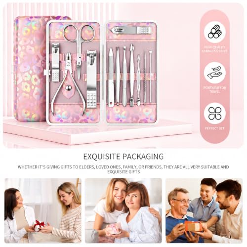 ZIZZON Nail Clippers Kit Manicure Pedicure Set with Holographic Case(Pink) | 12-Piece Set with Thicker Steel, Precision-ground Cutting Edges, and Smooth-finished Tools for Clean, Precise Trimming. - color: Pink