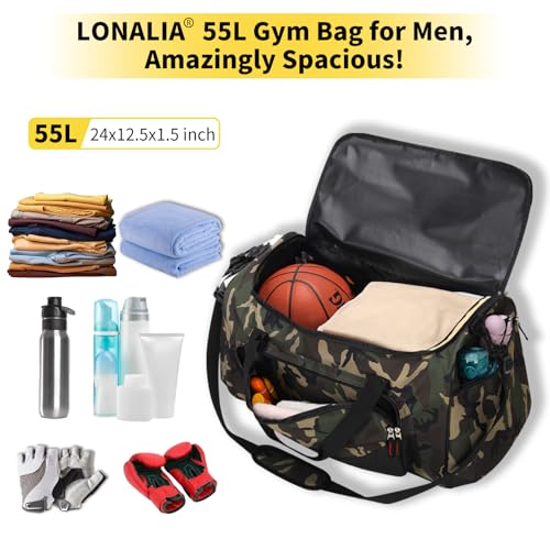 55L Sports Duffle Bag for Men, 22 inch, Camo | Multi Pockets, Water Resistant, Weekend Travel, Workout, Fitness - color: Camo