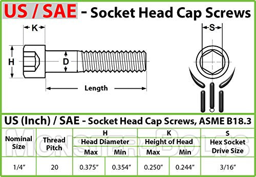 MonsterBolts - 1/4"-20 x 1 Socket Head Screws, ASTM A574, Alloy Steel, Black Oxide, 10 Pack - size: 1 In. (1")