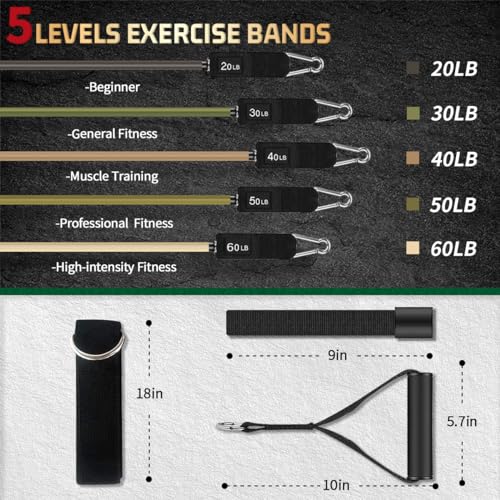 VEICK 10-150LBS Resistance Bands with Handles, Ankle Straps, Door Anchor | Accredited Lab Certified, 100% Natural Latex, Versatile for Yoga, Pilates, Strength, Home Gym - color: Army Green, style: 20-200LBS