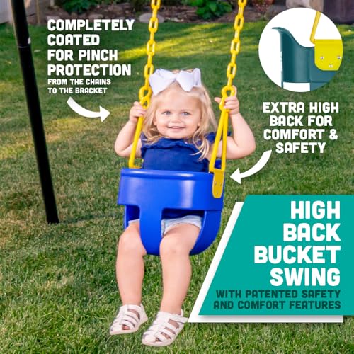 Premium High Back Full Bucket Toddler Swing Seat with Finger Grip, Plastic Coated Chains and Carabiners for Easy Install - Blue - Squirrel Products - color: Blue