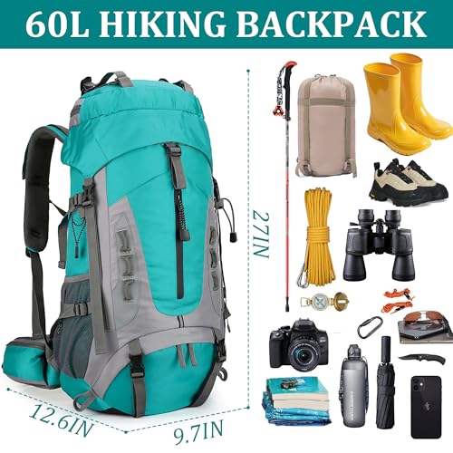 75L Hiking Backpack with Rain Cover Waterproof Camping Backpack Shoes Warehouse for Men Women, Frameless - color: Lakeblue, size: 60L