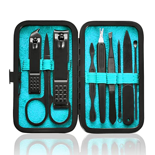 HANTEKAS Manicure Set 9 in 1 Stainless Steel, Nail Clippers Scissors Pedicure Tools Kit - Portable Travel Grooming Kit for Men and Women with Leather Case (Blue-BIG Nail Clipper) - color: Blue-big Nail Clipper