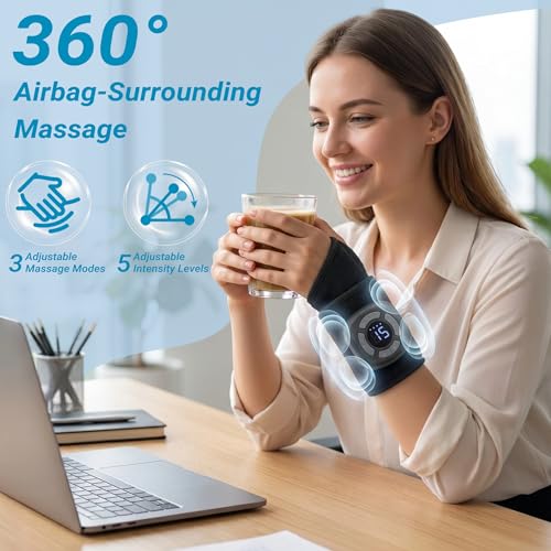 Air Compression Wrist Massager with Heat & Vibration, Cordless Portable Hand Massager with Multiple Modes Intensity Levels for Office Workers, Gamers (Can Be Used with Both Hands)