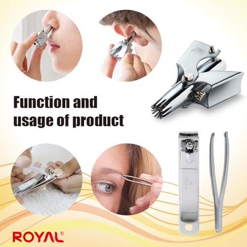 ROYAL [Made in Korea] Nose Hair Trimmer for Men Set, Birdie Set, with Nail Clippers and Tweezers, Manual, Battery-Free, Waterproof, Painless with Twelve Dual-Edged Blades, Patented Mechanism RET-4 - color: Silver Set