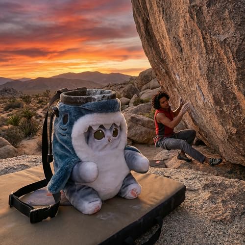 Cat Rock Climbing Chalk Bag, Fun Plush Animal Chalk Pouch with Drawstring, Adjustable Waist Belt for Indoor Outdoor Bouldering Sport Climbing - style: Large Grey Shark Cat
