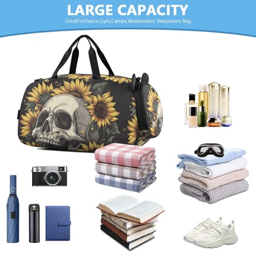 Kids Sports Duffel Bag for Boys & Girls - Skull Summer Sunflowers 100% Polyester Gym Bag with Separate Shoe Compartment, Adjustable Shoulder Strap, Compact Travel & Workout Gear Bag - color: Skull Summer Sunflowers