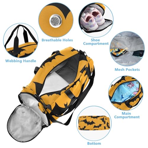 Kids Sports Duffel Bag for Boys & Girls - Halloween Bats Black Pattern 100% Polyester Gym Bag with Separate Shoe Compartment, Adjustable Shoulder Strap, Compact Travel & Workout Gear - color: Halloween Bats Black Pattern