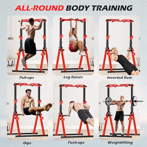 Foldable Power Tower Pull Up Bar Station, Adjustable Height | 700lbs Loading,Free Standing Pull Up Power Tower Station,Portable and Space Saving,fits Woman and Man, Mulit-grips, - color: Red