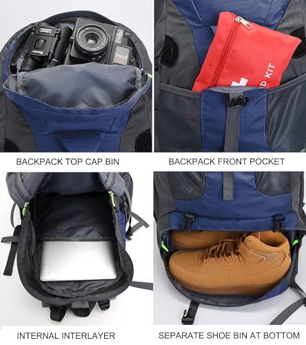 Bseash 50L Hiking Backpack, Water Resistant Lightweight Outdoor Sport Daypack Travel Bag for Camping Climbing Skiing Cycling (Navy Blue - With Shoe Compartment) - color: Navy Blue - With Shoe Compartment