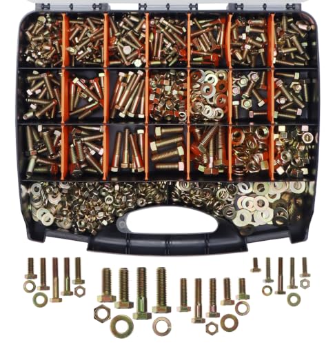 891Pcs Grade 8 Bolts and Nuts Kit - 1/4-20, 5/16-18, 3/8-16, 1/2-13 SAE Hex Bolt Assortment with Washers, Yellow Zinc Plated, Storage Case for Heavy Equipment & Farm Machinery - size: 891PCS 1/4-20 5/16-18 3/8-16 1/2-13 SAE Bolt Kit