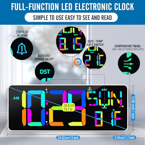 Large 13.7" LED Digital Timer（5''Nunmber）, 11 Color Changing, Count Up/Down Timer with Remote Control, Adjustable Brightness Wall Clock for Home, Office, Gym, Elderly, Auto DST - color: 13.7''rgb+remote