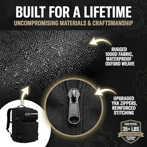 WOLFpak 35L Athletic Gym Backpack - Durable 1000D Waterproof Oxford Material with MOLLE Webbing, Laptop Pocket - color: Alpha Black White Accents