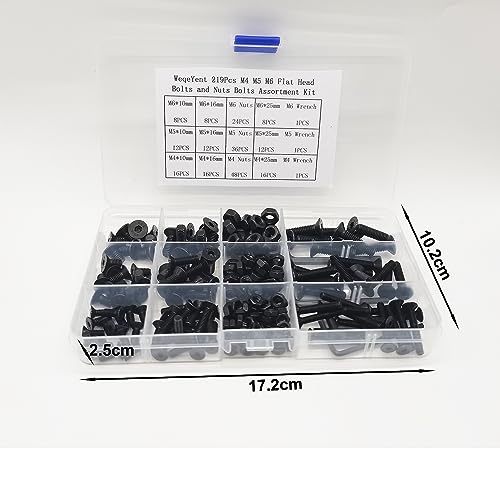 219 Pcs Black Metric M4 M5 M6 Flat Head Socket Cap Screws Countersunk Bolts, Alloy Steel Hex Socket Cap Bolts and Nuts, Allen Socket Drive Screws - size: Black Flat Head