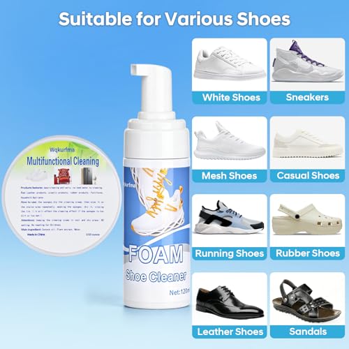 2PCS Shoe Cleaner,Portable Shoe Cleaning Kit for Travel,Business Trips,Gym | Deep Cleaning Shoe Sole Cleaner,13.1 OZ Foam Sneaker Cleaning Kit with Brush Towel Sponge,Sneakers Cleaner for White Shoes