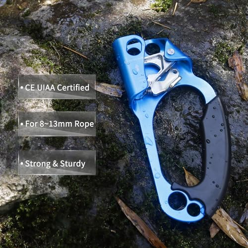 UIAA & CE Certified Hand Ascender Rock Climbing Tree Arborist Rappelling Gear Equipment Rope Clamp for 8~13MM Rope - color: Blue-Right