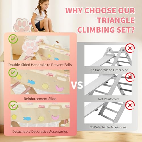 Takywep Pikler Triangle Set, 7-in-1 Foldable Pikler Triangle Climbing Toys Set with Arch & Ramp & Ladder, Indoor Playground Gym, Wooden Montessor Climbing Set for Kids Toddler - color: Pink-cat
