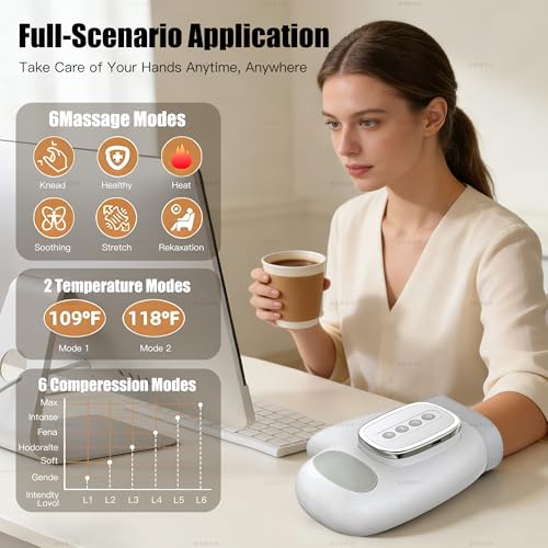 Hand Massager with Heat & Compression for Pain Relief | Hand Massager for Arthritis and Carpal Tunnel Relief, 3 Modes 3 Heat Levels 5 Compression Settings, Office, Home, Travel - color: Gray