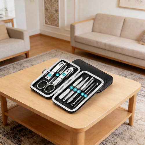 8 PCS Professional Manicure Pedicure Kit, Stainless Steel Nail Clipper Set with Leather Travel Case, Multi Function Grooming Tools for Hand Foot Care (Black)