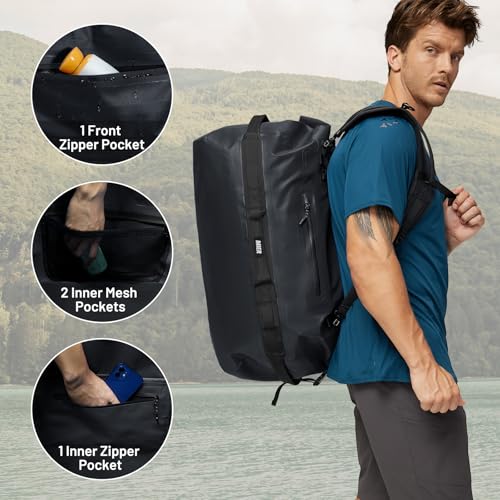 MIER Large Waterproof Duffel Bag - 60L/80L Dry Bag Backpack | Detachable Backpack Straps; Multi-Pockets; Roll-Top with Hook-and-Loop Closure; Motorcycle, Kayaking, Gym, Beach, Boating - color: Black, size: 80L