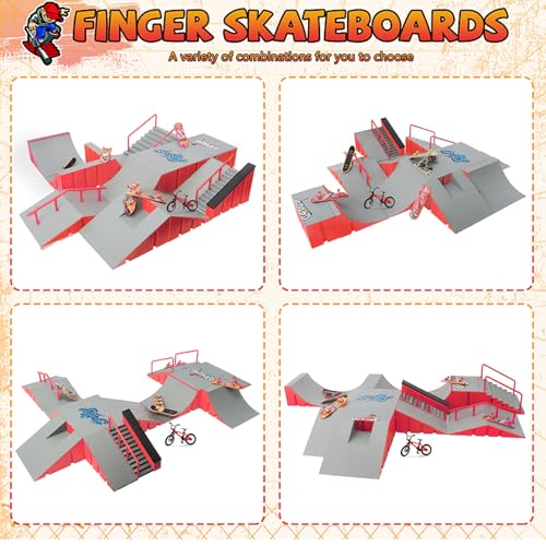 Finger Skateboard Park Kit for Kids, 14-in-1 Mini Skatepark Ramp Set with Half Pipe, 8 Finger Skateboards & Finger Bike, Ramp Accessories Toy Gifts for Boys Girls Ages 3+ - color: 14in1-red