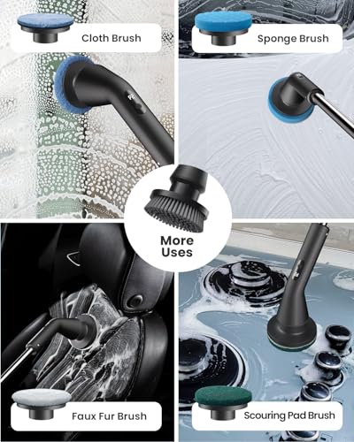Electric Spin Scrubber, Upgraded IPX7 Cordless Cleaning Brush for Bathroom Shower, Household Cleaning Scrubber with 7 Brush Heads, Adjustable Long Handle and 2 Rotating Speeds for Tub Floor