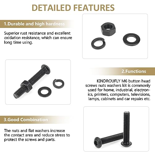 87 Pieces Black M6 x 30/35 /40/45 /50 mm Button Head Socket Cap Screws Nuts Washers Assortment Kit, 10.9 Grade Alloy Steel - size: M6 x 30/35/40/45/50mm, style: Button Head