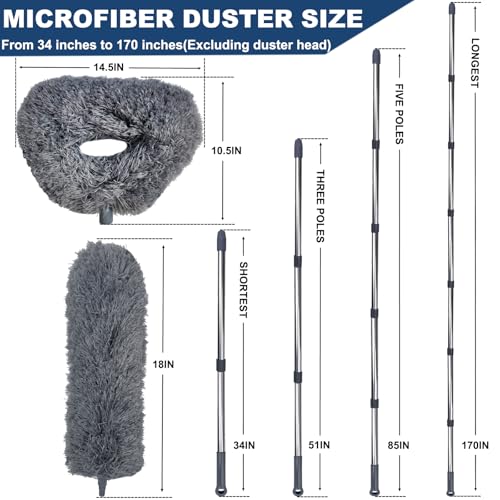 20+ Ft High Reach Ceiling Fan Duster &Microfiber Feather Brush Duster with 3-14 ft Spliceable Pole Microfiber Feather Duster for Spider Web, High Ceiling, Blinds, Furniture Cleaning Tool Kit
