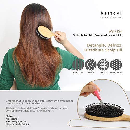 BESTOOL Hair Brush-Boar Bristle Hair Brushes Natural Bamboo Wooden Cushion Massage Anti Static Large Paddle Hairbrush for Women Men and Kid (Round) - color: Natural