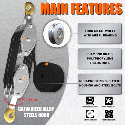 YATOINTO Rope Hoist Pulley System, 4400LB Pulley Block and Tackle, 8:1 Ratio Lifting Power 65ft, Heavy Duty Pulley Block for Hunting Lifting Heavy Objects Garage Warehouses Building - color: black, size: UPGRADED-4wheels