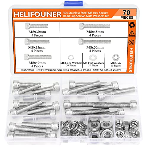 HELIFOUNER 70 Pieces M8 x 30mm /35mm /40mm /45mm /50mm, Hex Socket Head Cap Metric Screws Bolts Washers Nuts Kit, 304 Stainless Steel - size: M8 x 30/35/40/45/50mm