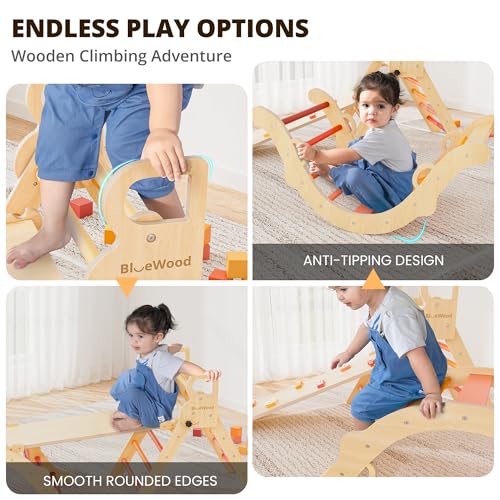 BlueWood Pikler Triangle Set, Toddler Climbing Toys Indoor 7in1 Foldable | Wooden Climber for Kids, Montessori Philosophy Play Jungle Gym with Arch, Ramp, Ladder (Farm Charm Autumn) - color: Farm Charm Autumn