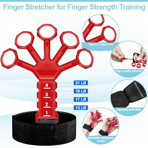 ACOTANT Grip Strength Trainer(5 Pack) with Finger Exerciser, Hand Grip Strengthener, Finger Stretcher,Grip Ring & Stress Relief Ball for Muscle Building and Injury Recover with Carry Bag - color: RED
