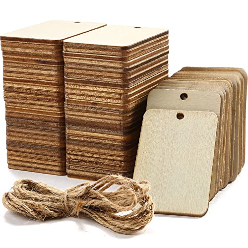 115 Pcs Unfinished Wood Pieces Rectangle-Shaped, HOOMBOOM 2 x 1.3 inch Light Wooden Cutout Natural Rustic with Hemp Rope, for Holiday Craft Projects, Hanging Decorations, Painting, Staining
