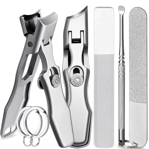Curved & Slanted Nail Clipper Set, Wide Jaw with Folding Safety Lock, Heavy Duty Stainless Steel Toenail Clippers with File & Ear Pick, Anti-Splash for Thick Ingrown Nails for Seniors, Men - color: Curverd & Slanted Set