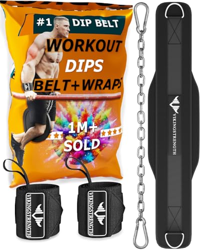 Vikingstrength Dip Belt for Weight Lifting Including Wrist Wraps. Premium Padded Dips Belt with Long Chain for Pullups Triceps Weighted belt for Workout Powerlifting + V-Strength Workout App