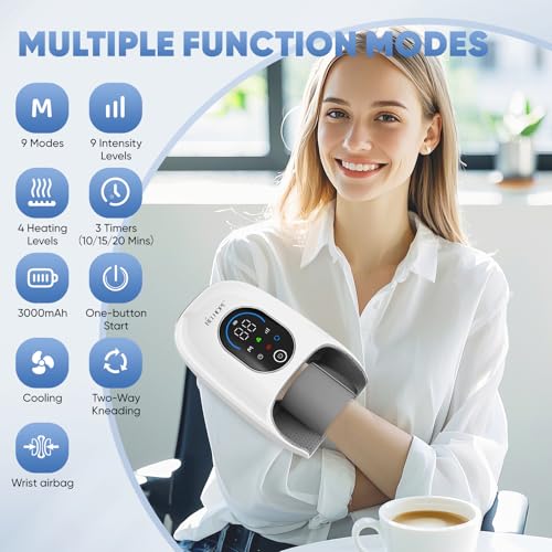 Hand Massager with Heat and Compression for Arthritis and Carpal Tunnel Relief, Finger Wrist Massager with 9 Modes & Hot Cold Therapy, Gifts for Women Men, White - color: White