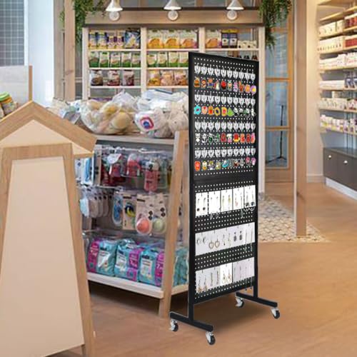 NectaCol 2'x 5' Standing Pegboard Display with T-Base, Pegboard Display Stand with Wheels, Metal Peg Board Display Rack, Art Display Stand, Extra 10 Pieces Hooks - Black - size: 1-Pack Black