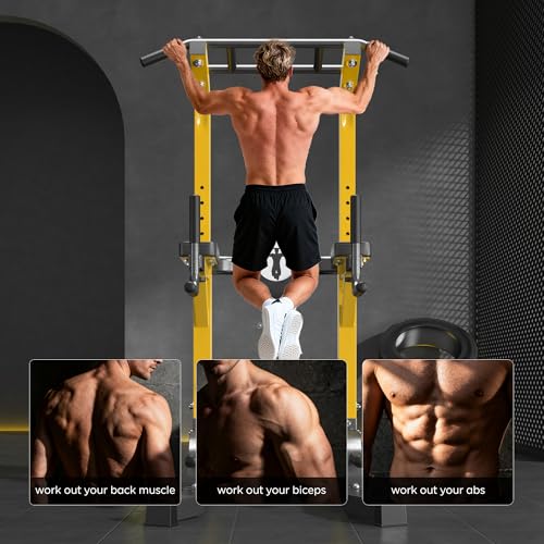 DlandHome Power Tower Pull Up Bar Station, 10 Level Adjustable Height | Heavy Duty Pull Up Dip Station for Home Gym Strength Training Equipment, Comfortable Backrest, 330LBS Weight Capacity - color: Yellow