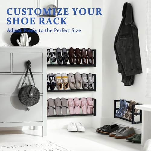 2 Pack Narrow Wall Mounted Shoe Rack for Small Spaces, Hanging Shoe Rack Holds 8 Pairs, 17"-30"Adjustable Heavy Duty Wall Shoe Storage with 4 Storage Hooks,Space Saving for Closet Entryway Door,Black