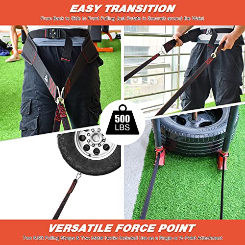 ATENTO Sled Pulling Belt, Adjustable Closure Sled Training Waist Belt,Weight Sled Pull Belt for Tire or Sled Pulling, Squat,Leg Muscles Strength Training, Agility, Resistance Training, Core Power Workout, Belt for Pulling with 2 Pulling Straps & 4 Hooks I