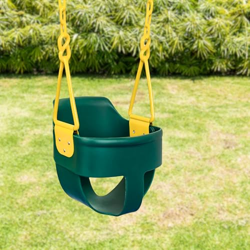 Premium High Back Full Bucket Toddler Swing Seat with Finger Grip, Plastic Coated Chains and Carabiners for Easy Install - Green - Squirrel Products - color: Green