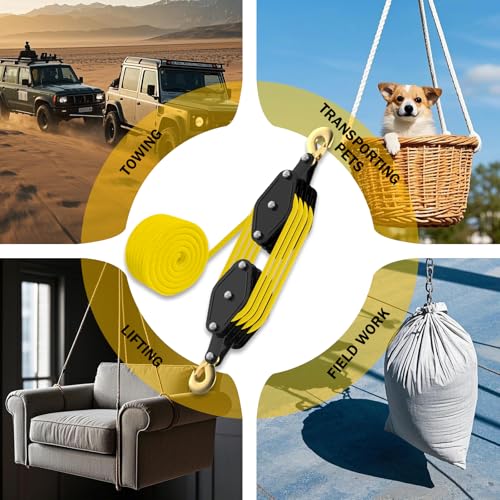 YATOINTO Rope Hoist Pulley System 4400LB, 65FT Pulley Block Tackle(Yellow) | 8:1 Ratio Lifting Power, Polypropylene Fiber Rope, Metal Bearing Structure, Black-coated Housing, Ideal for Towing Lifting - color: Yellow(Powder Coating)