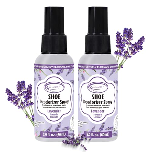 Air Jungles Shoe Deodorizer Spray 2 Oz 2-Pack, Lavender Odor Eliminator | Travel Size, Up To 300 Sprays Each, Smell Remover Footwear Freshener For Sneaker, Boot, Locker & Gym Bag