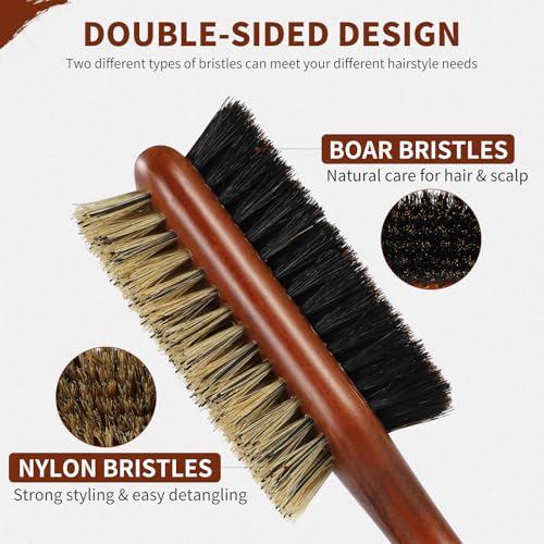 Boar Bristle Hair Brush for Men and Women, Double Side Slick Back Hair Brush with Medium & Firm Bristle, Sturdy Men's Brush for Waves, Fades, Slick Back Style (Brown) - color: Brown