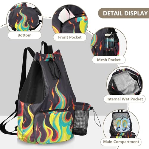 Drawstring Climbing Gym Bag With Pockets Drawstring Bags For Men Women with Wet Dry Compartments Cool Flame Color