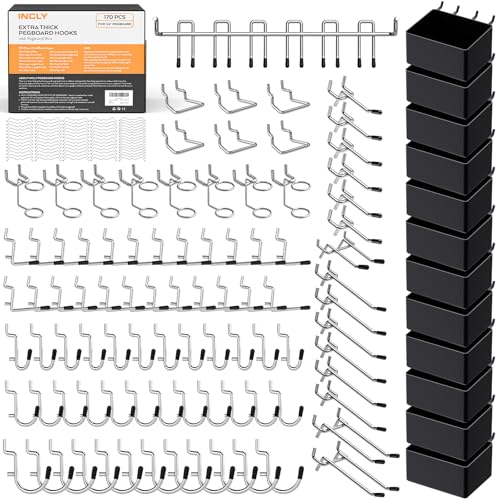INCLY 170PCS 1/4 Inch Pegboard Hooks Kit with Bins & Peg Locks | Extra Thick Heavy Duty, Peg Board Organizer Accessories Assortment, For 1/4" Pegboard Hanging Tools Garage Wall Attachment - size: 170PCS