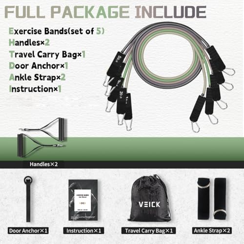 VEICK 10-150LBS Resistance Bands with Handles, Ankle Straps, Door Anchor | Accredited Lab Certified, 100% Natural Latex, Versatile for Yoga, Pilates, Strength, Home Gym - color: Green Purple, style: 10-150LBS