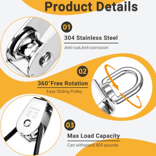 2PCS 304 Stainless Steel M50 Single Rope Pulley Block | Heavy Duty Lifting Crane Swivel Hook for Hanging Wire and Crane Operations | Heavy Duty Lifting Crane Swivel Hook For Hanging Wire and Crane Operations - size: 2P-M50