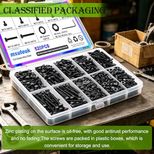 mxuteuk M2 Screws Assortment,M2 x 4/6/8/10/12/16/20mm Hex Socket Head Cap Screws Bolts Nuts Kit, 520PCS 12.9 Grade Alloy Steel Assorted Screws Small Metric Screws Suitable for 3D Printer DIY - size: 520PCS M2, style: Hex Socket Head